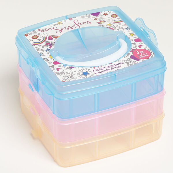 Organizer, plastic, pkg/1, 6-1/4x5x5 inches with 3 stackable lockable trays and 6 compartment in each tray, multicolored. image number 0