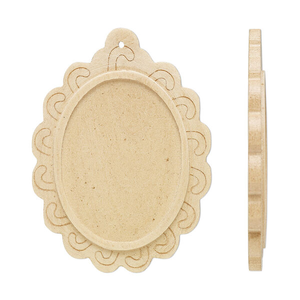 Focal, Japanese pagoda wood (natural), tan, 61x45mm single-sided top-drilled oval with 40x30mm non-calibrated oval glue-in setting. Sold per pkg of 8. image number 0