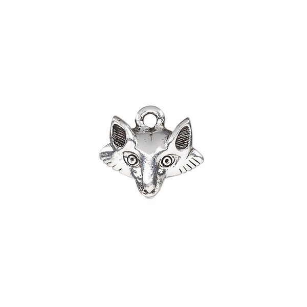 Charm, antique silver-plated pewter (tin-based alloy), 15x12mm single-sided fox head. Sold per pkg of 2. image number 0