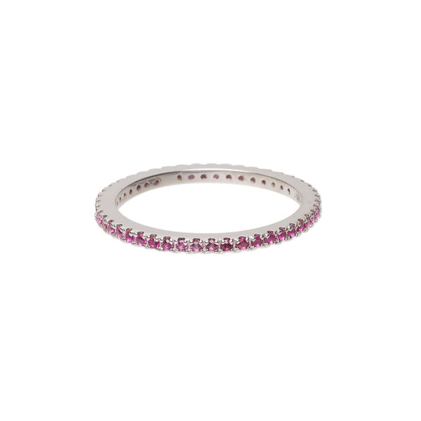 Ring, cubic zirconia and rhodium-plated sterling silver, pink, 2mm wide eternity band, size 9. Sold individually. image number 0