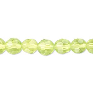 Bead, pressed glass, green, 7-8mm faceted round. Sold per 15" to 16" strand.