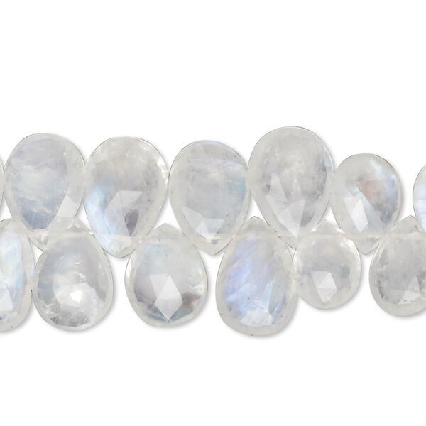 Bead, rainbow moonstone (natural), 8x7mm-12x9mm hand-cut top-drilled faceted puffed teardrop, B grade, Mohs hardness 6 to 6-1/2. Sold per 8-inch strand, approximately 50 beads. image number 0