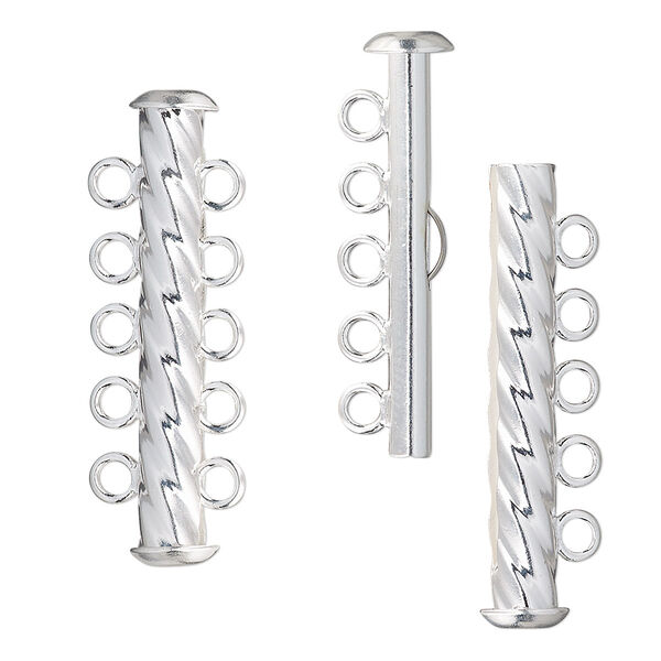 Clasp, 5-strand slide lock, silver-plated brass, 31x6mm corrugated round tube. Sold per pkg of 4. image number 0