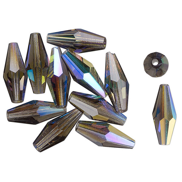 Bead 12pk black diamond AB, vintage Preciosa Czech crystal 15x6mm faceted double cone image number 0