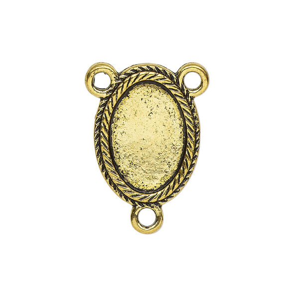 Connector, antique gold-finished "pewter" (zinc-based alloy), 21x15.5mm double-sided oval rosary with double rope design and 16.5x11.5mm non-calibrated oval cabochon glue-in setting. Sold per pkg of 4. image number 0