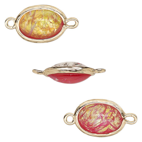 Link, Opalized Ice™, "opal" (resin) and gold-finished brass, orange, 16x12mm double-sided oval. Sold per pkg of 4. image number 0