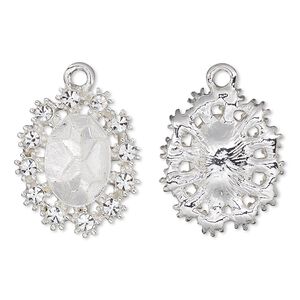 Drop, Almost Instant Jewelry®, crystals and silver-plated "pewter" (zinc-based alloy), crystal clear, 23x19mm single-sided oval with 14x10mm oval setting. Sold individually.