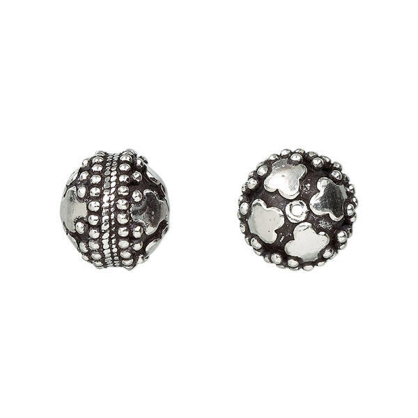 Bead, antiqued sterling silver, 12x11mm round dotted with clover. Sold individually. image number 0