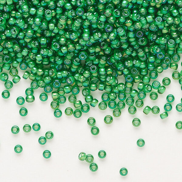 Seed bead, Miyuki, glass, pkg/25g, #11 rocaille, translucent white-lined luster green, (RR-3763). image number 0