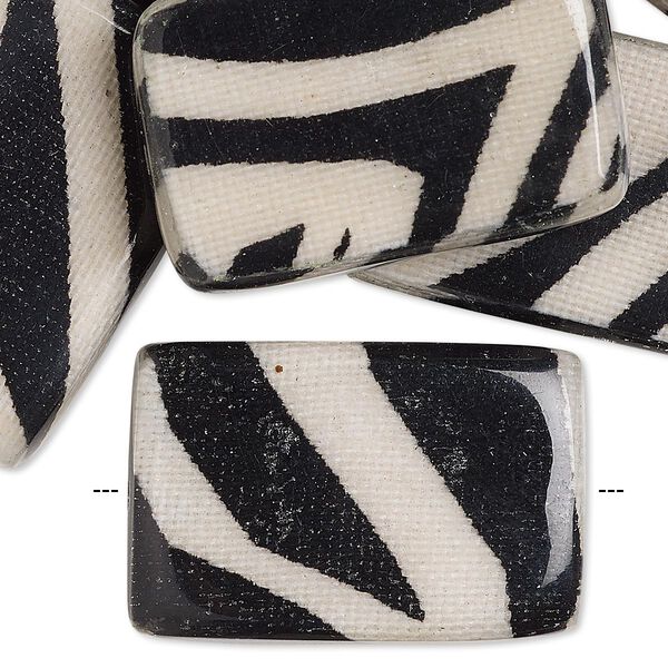 Bead, wood / cotton / acrylic, black and cream, 30x20mm double-sided flat rectangle with zebra stripe pattern. Sold per pkg of 8. image number 0