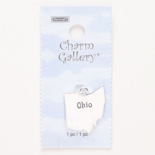 Charm, steel and enamel, pkg/1, silver finish and black, 24x20mm with "Ohio." image number 0