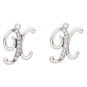 Charm, antique silver-finished "pewter" (zinc-based alloy) and glass, clear, 24x23mm letter "X". Sold per pkg of 2.