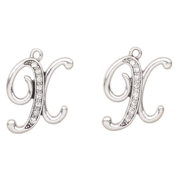 Charm, antique silver-finished "pewter" (zinc-based alloy) and glass, clear, 24x23mm letter "X". Sold per pkg of 2. image number 0