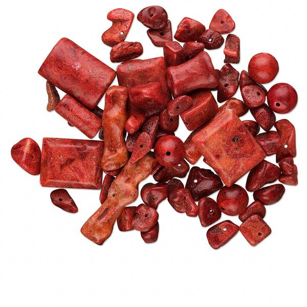 Bead mix, sponge coral (dyed), red, 3-40mm mixed shape, Mohs hardness 3-1/2 to 4. Sold per 1/4 pound pkg, approximately 90-170 beads. image number 0