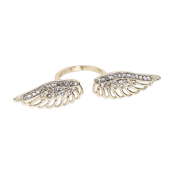 Ring, Egyptian glass rhinestone and gold-finished "pewter" (zinc-based alloy), clear, 65x13mm wings, size 9. Sold individually. image number 0