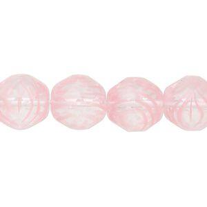 Bead, Czech fire-polished glass, pkg/15-1/2 to 16 inches, 12mm faceted round, transparent clear and pink, (08701).