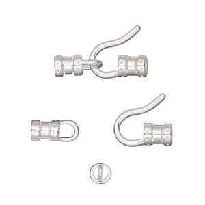 Clasp hook&eye 1pkg4 silver-plated, 20x11mm / crimp end / fits up to 3mm cord, brass 1-strand