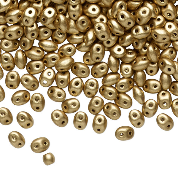 Bead, Preciosa Twin™, Pressed Twin, Czech pressed glass, gold, 5x2.5mm oval with 2 holes. Sold per 50-gram pkg. image number 0