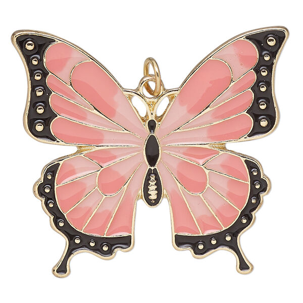 Focal, gold-finished brass and enamel, gold / pink / black, 40.5x36.5mm single-sided butterfly with jump ring. Sold individually. image number 0