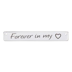 Focal, enamel and sterling silver, black, 40x6mm single-sided flat rectangle with "Forever in my heart" and heart design with 2 holes. Sold individually.