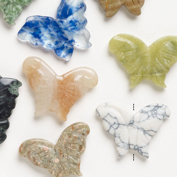 Bead mix, multi-gemstone (natural/dyed/imitation) and glass, pkg/10, mixed colors, 32x23mm-40x33mm carved butterfly. image number 0