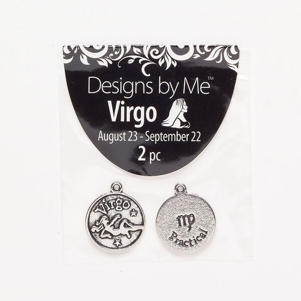 "Pewter" (zinc-based alloy) / enamel 1pkg2, 2-sided round charm / Virgo / "Practical" antique silver-finish / black 17mm image number 0