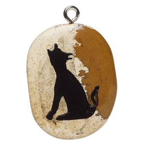 Drop 1pkg1 picture jasper / enamel / steel, 28x23-38x28mm single-sided freeform oval / coyote B- grade, natural / silver finish