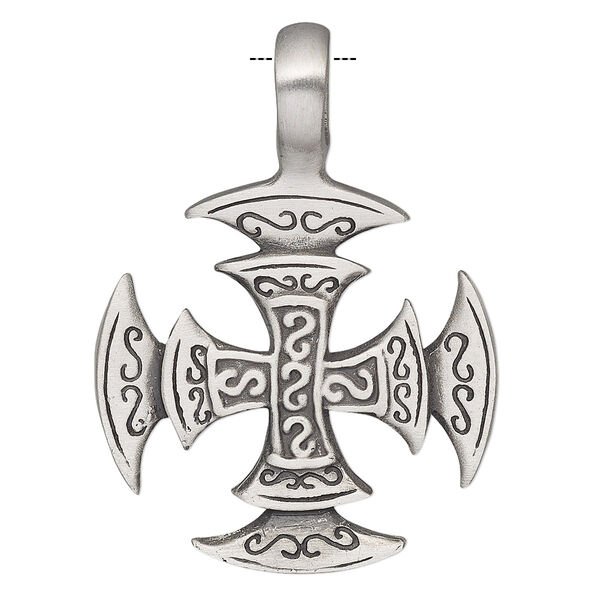 Pendant, Powerful Pewter Pendants, antiqued pewter (tin-based alloy), 44x32mm double-sided cross with 6mm hole. Sold individually. image number 0