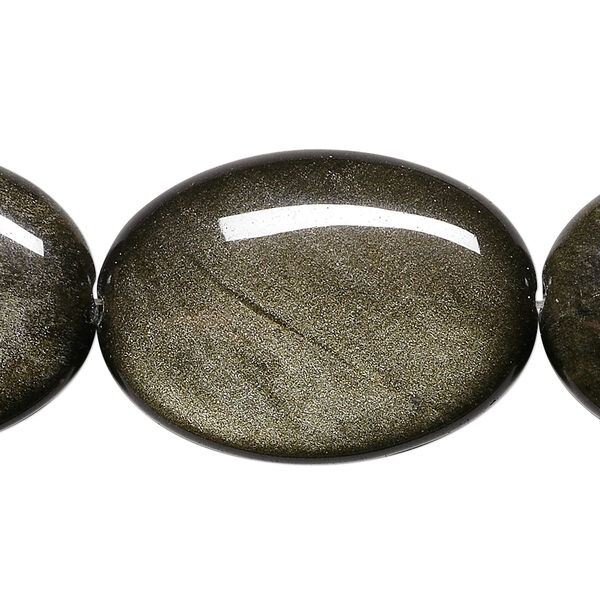 Bead, golden sheen obsidian (natural), 35x25mm flat oval, A grade, Mohs hardness 5 to 5-1/2. Sold per 8-inch strand, approximately 5 beads. image number 0