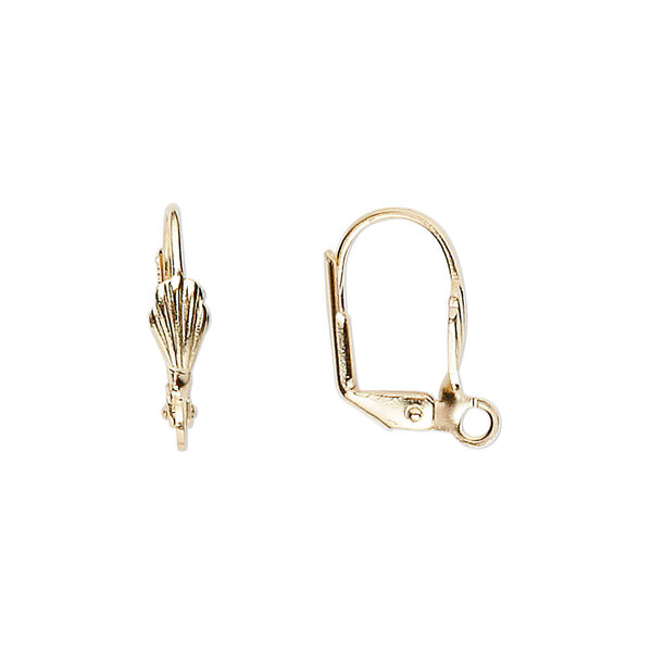 Ear wire, gold-plated brass, 18mm leverback with 8x4mm shell and open loop. Sold per pkg of 5 pairs. image number 0