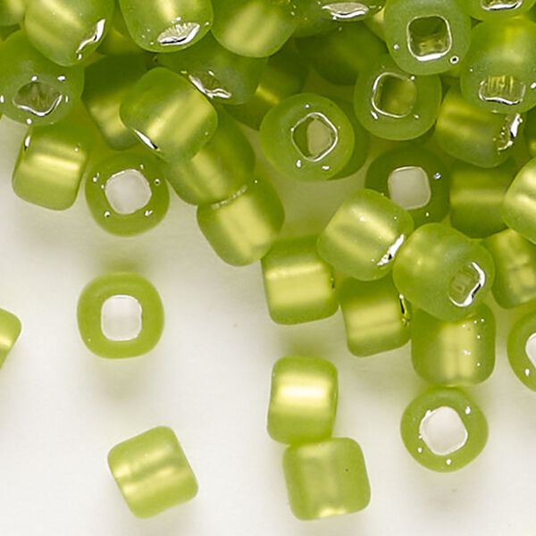 Seed bead, Dyna-Mites™, glass, silver-lined translucent matte light green, #6 round with square hole. Sold per 40-gram pkg. image number 0