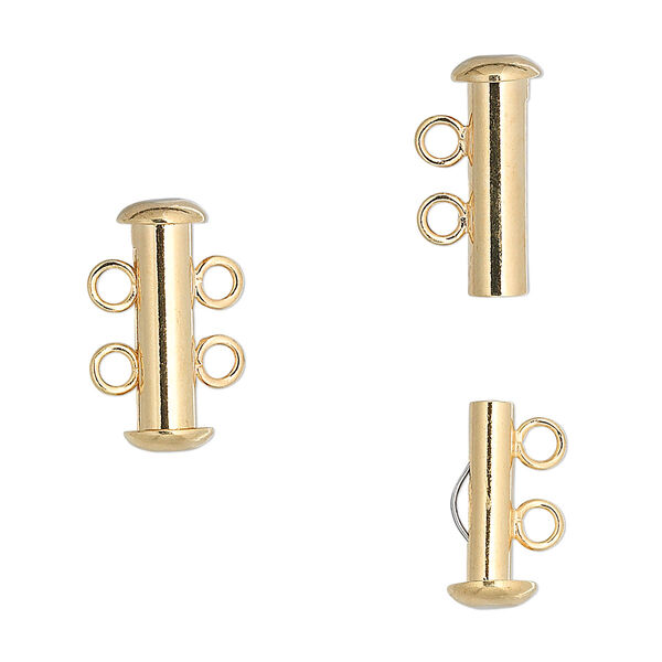 Clasp, 2-strand slide lock, gold-plated brass, 16x6mm tube. Sold per pkg of 10. image number 0