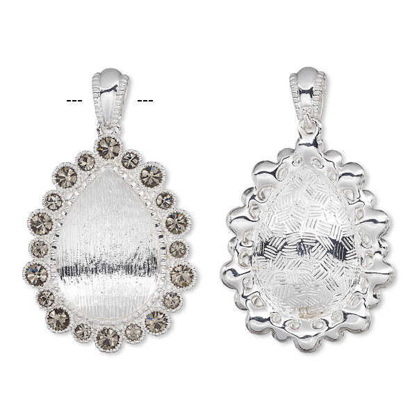 Pendant, Almost Instant Jewelry®, crystals and silver-plated "pewter" (zinc-based alloy), black diamond, 44x35mm teardrop with 30x20mm pear setting. Sold individually. image number 0