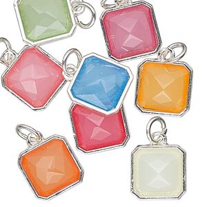 Drop, Charmed, resin with silver-finished steel and "pewter" (zinc based alloy), multicolored, 12mm faceted square. Sold per pkg of 8.