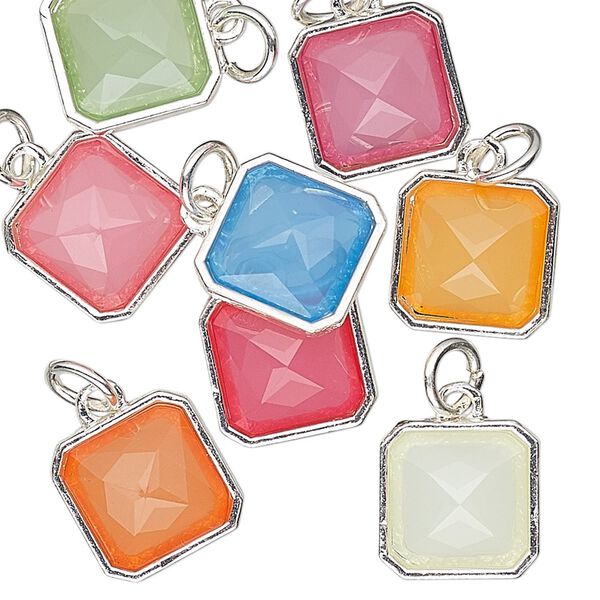 Drop, Charmed, resin with silver-finished steel and "pewter" (zinc based alloy), multicolored, 12mm faceted square. Sold per pkg of 8. image number 0