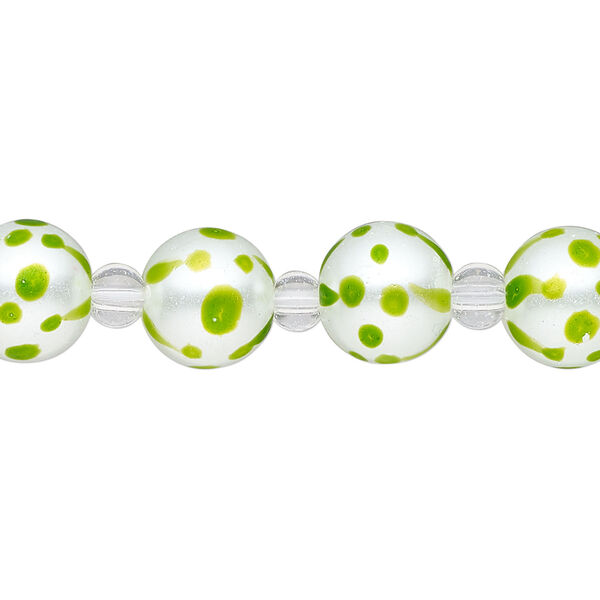 Bead, glass 1pkg8, opaque green and white, 10mm hand-painted round. image number 0