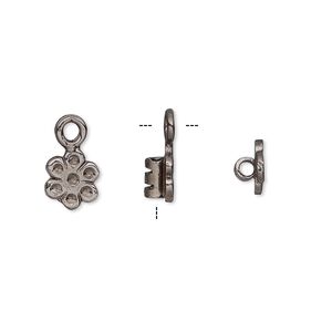 Crimp end, gunmetal-plated brass, 8x7mm flower with loop, 2mm inside diameter. Sold per pkg of 2.