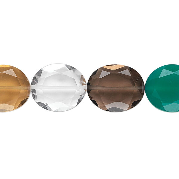 Bead, multi-quartz and green onyx (natural / heated / dyed / irradiated), 14x12mm hand-cut faceted oval, B grade, Mohs hardness 6-1/2 to 7. Sold per pkg of 10. image number 0