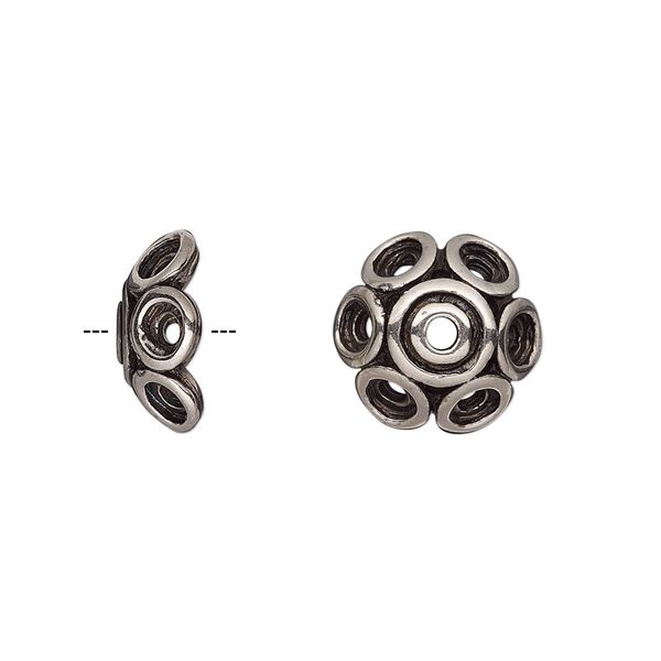 Bead cap, antiqued silver-plated pewter (tin-based alloy), 13x5.5mm round with circle design, fits 12-14mm bead. Sold per pkg of 2. image number 0