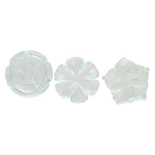 Focal mix, glass, transparent light blue, 33x40mm-40x40mm top-drilled carved flower. Sold per pkg of 3. image number 0