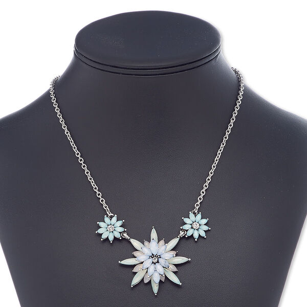 Necklace, acrylic / glass rhinestone / antique silver-plated steel / "pewter" (zinc-based alloy), multicolored, 40x40mm flower, 18 inches with 2-inch extender chain and lobster claw clasp. Sold individually. image number 0