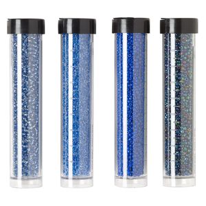 Seed bead assortment, Ming Tree™, glass, pkg/(4) 4 x 3/4 inch vials, #11 round, opaque and transparent silver-lined iris blue.