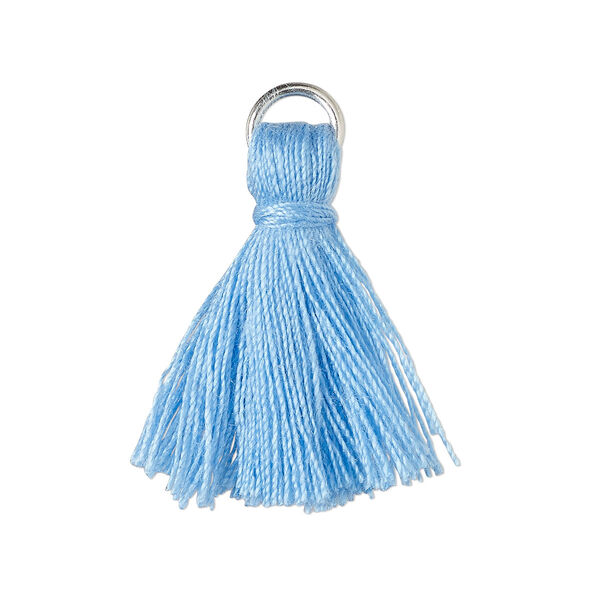 Tassel, cotton and imitation rhodium-finished steel, light blue, 20-24mm mini tassel with 6mm open jump ring. Sold per pkg of 6. image number 0