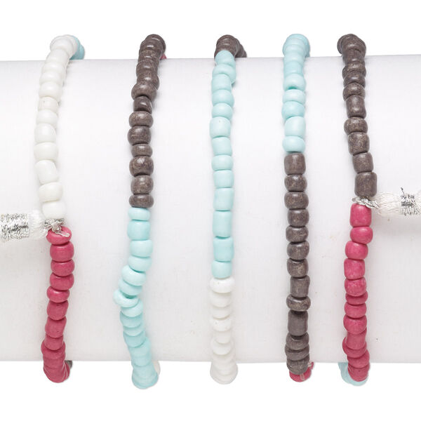 Bracelet mix, stretch, glass, white / dark brown / multicolored, #6 round with 45mm tassel, 7-1/2 inches. Sold per pkg of 5. image number 0
