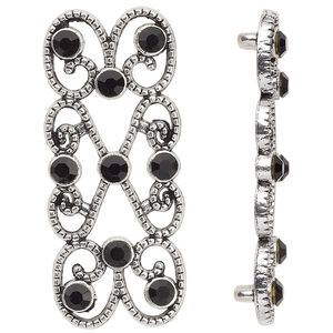 Spacer, antique silver-plated "pewter" (zinc-based alloy) and Czech glass rhinestone, black, 39x18mm 2-strand fancy rectangle. Sold per pkg of 4.