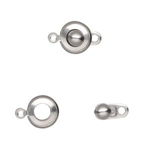 Clasp button 1pkg4, 9.5mm round, stainless steel 1-strand