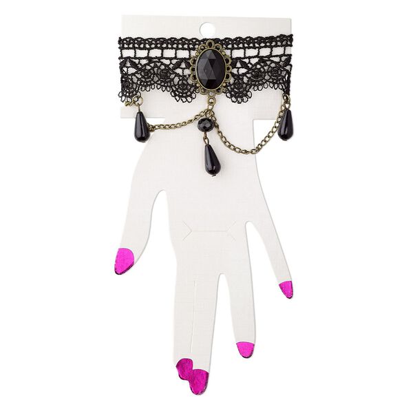 Bracelet, acrylic / nylon lace / antique brass-plated steel / "pewter" (zinc-based alloy), black, 30mm wide with 27x19mm oval, 6-1/2 inches with 2-inch extender chain and lobster claw clasp. Sold individually. image number 0