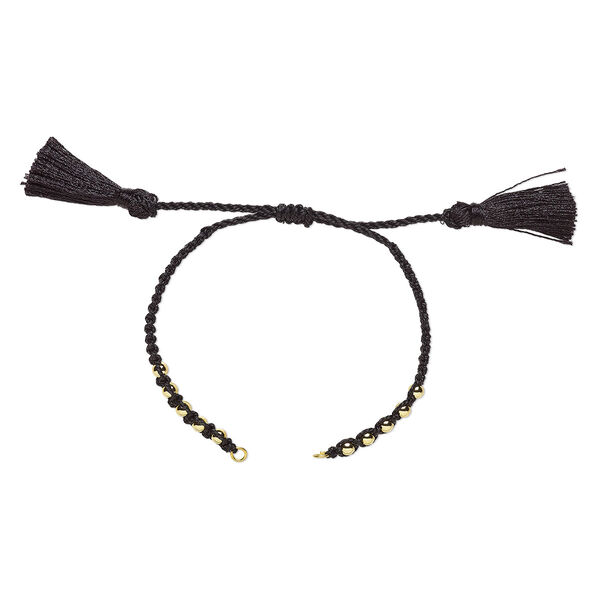 Bracelet component, nylon and gold-finished brass, black, 9-3/4 inches with adjustable macramé closure and (2) 5mm open loops. Sold individually. image number 0