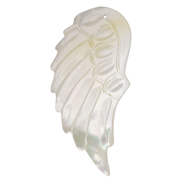 Focal, mother-of-pearl shell (natural), 45x22mm hand-carved wing, Mohs hardness 3-1/2. Sold individually. image number 0
