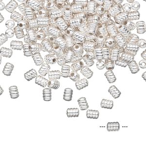 Bead, silver-plated brass, 4x3mm ribbed tube. Sold per pkg of 100.